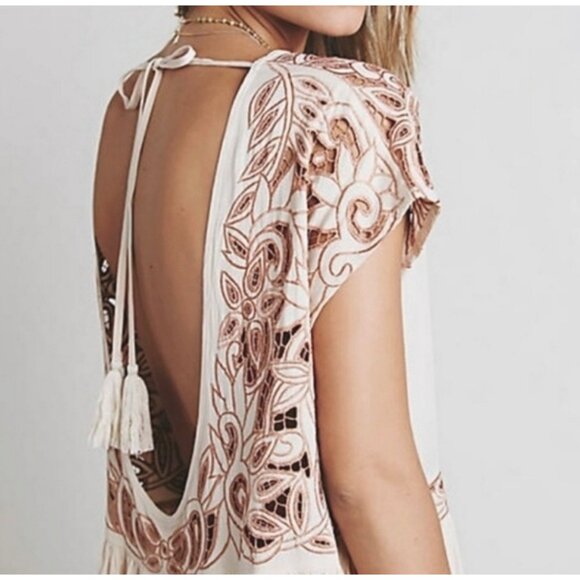 Free People | Ayu XS Boho Hippie Nude Short Sleeve Oversized Tunic Dress Open - Picture 10 of 15